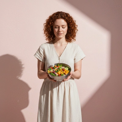 Woman holding a bowl of fresh salad, healthy eating concept in Reims
