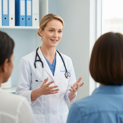 Diététicienne-nutritionniste expliquant un plan alimentaire à une cliente dans un bureau moderne