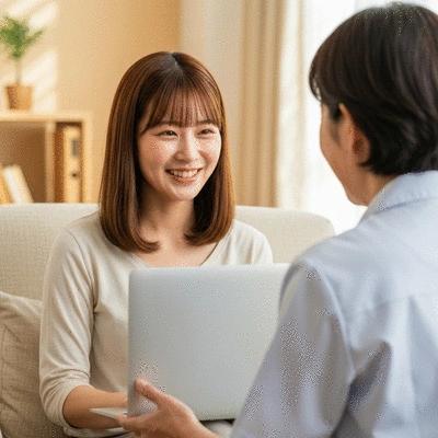 Smiling woman having a video call on a laptop with a dietitian, in a cozy home environment, no text, no words, no typography, clean image