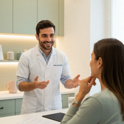 Diététicienne expliquant un plan nutritionnel à un client, dans un cadre de consultation moderne et lumineux