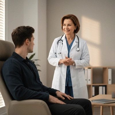 Nutritionist consulting patient with healthy food options on a table, bright clean clinic background