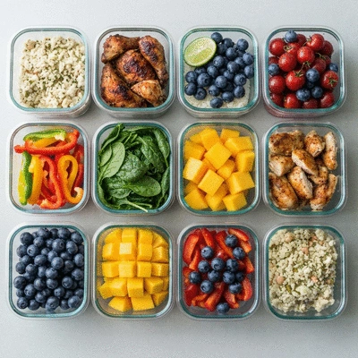 Overhead view of a meticulously planned healthy meal prep containers