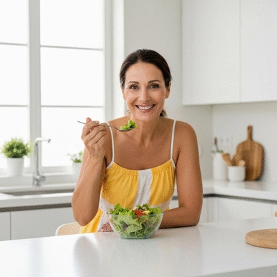 Femme souriante mangeant une salade saine