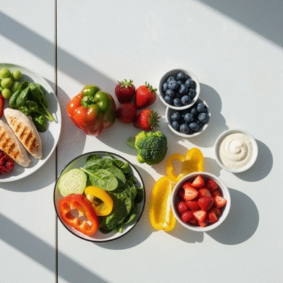 Assiette équilibrée avec légumes et fruits, Reims