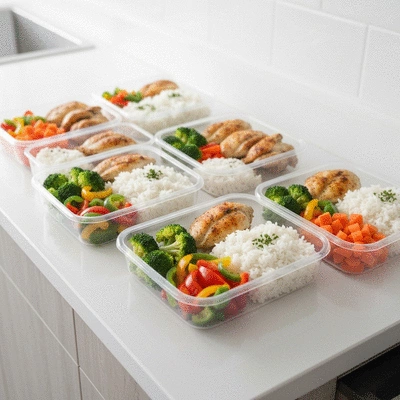 Healthy meal prep containers with various nutritious foods