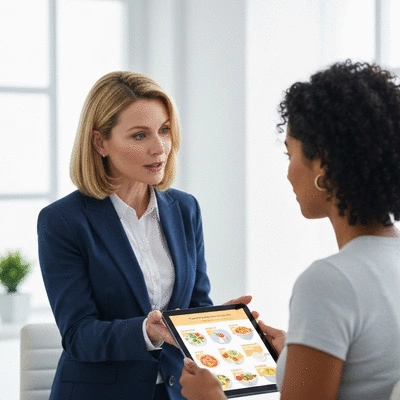 Dietitian consulting with a client, showing a personalized meal plan on a tablet