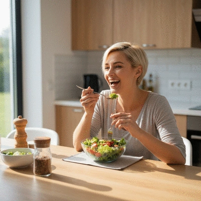 Woman happily eating a healthy salad with fresh ingredients at a modern kitchen table
