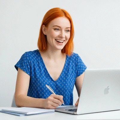 Woman having a video call with a nutritionist, smiling and taking notes on a laptop, clean bright background, no text, no words, no typography, 8K