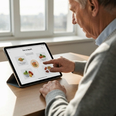 Person using a tablet to track nutritional progress, with a diagram and charts on the screen