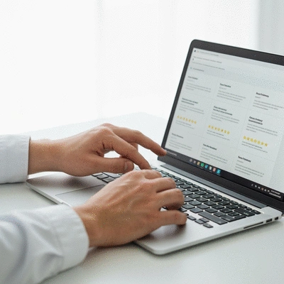 Person reading online reviews on a laptop, close-up hands, clean image