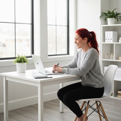 Woman having an online nutrition consultation on a laptop, smiling