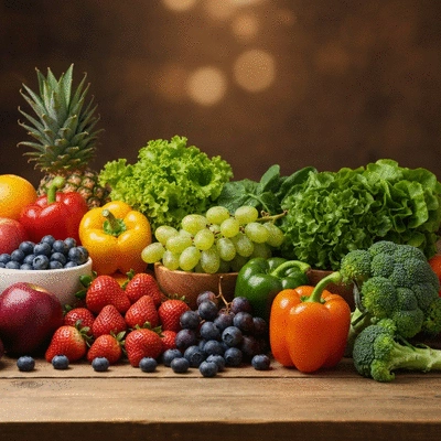 Assortment of fresh fruits and vegetables on a wooden table, emphasizing healthy eating for digestion