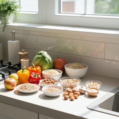 Healthy and balanced food ingredients on a kitchen counter, symbolizing personalized diet plans, bright and clean photography, no text, no words, no typography, 8K