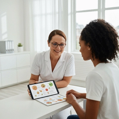 Dietitian consulting with a patient, showing a healthy eating plan