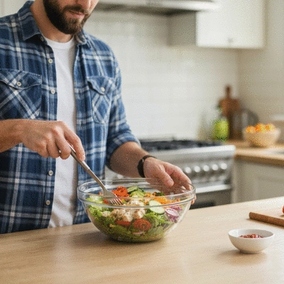 Personne tenant un bol de salade équilibrée avec des légumes frais