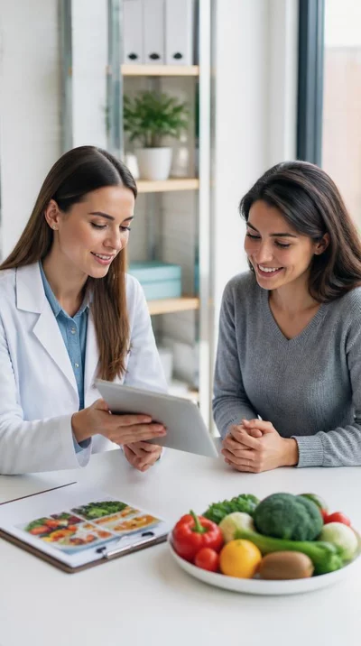 Nutritionist consulting with a client, showing healthy food options