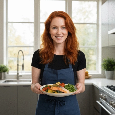Woman holding a plate of healthy food, smiling, in a modern kitchen