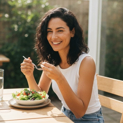 Femme souriante mangeant une salade fraîche, symbolisant le bien-être et la vitalité grâce à une alimentation saine