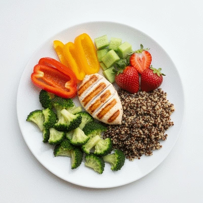 Repas équilibré avec légumes, fruits, protéines et glucides complexes