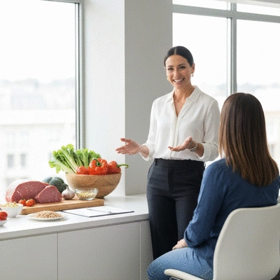 Nutritionniste en consultation avec un client, discutant d'un plan alimentaire