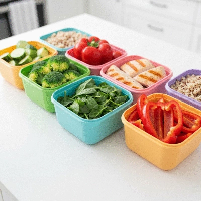 Healthy meal prep for cholesterol management, featuring fresh vegetables, lean protein, and whole grains, no text, clean image