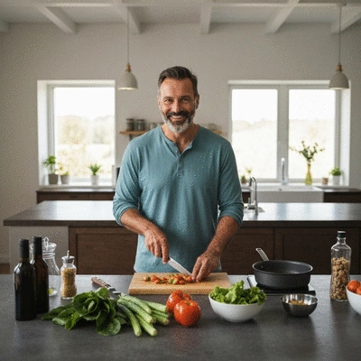 Personne souriante préparant un repas sain dans une cuisine moderne, avec des légumes frais et des ustensiles de cuisine