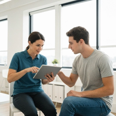 A nutritionist consulting with a client in a bright, modern office setting