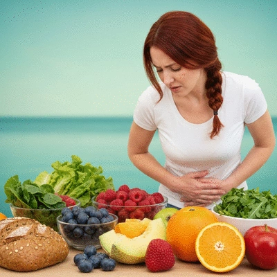 Woman holding her stomach in discomfort, surrounded by healthy food options