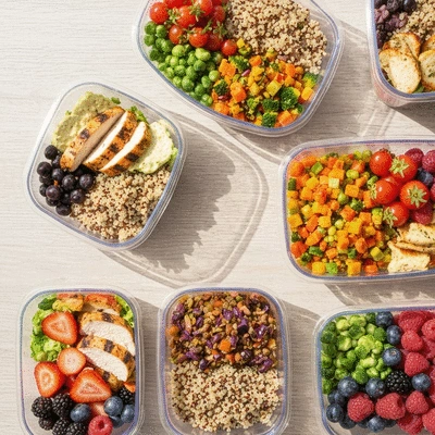 Healthy meal prep containers with various nutritious foods, representing balanced eating