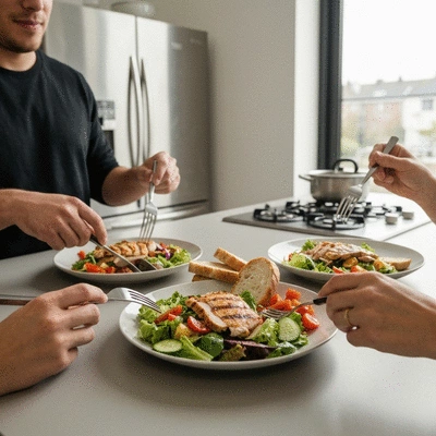 Person holding a plate of fresh, healthy food on a kitchen counter