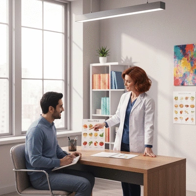 Professional dietician explaining a personalized meal plan to a client in a bright, clean office setting