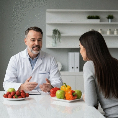Dietitian explaining a nutrition plan to a client with healthy food options on a table
