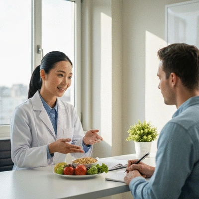 Professional dietitian consulting with a client, showing healthy food options, in a clean, modern office setting