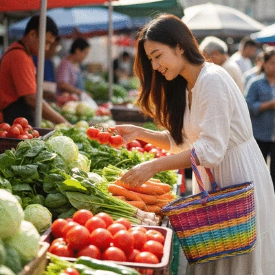 Woman choosing fresh vegetables at a market, symbolizing healthy food choices for therapeutic diets.