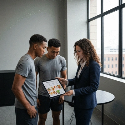 Nutritionist consulting with a sportsperson, reviewing a personalized meal plan on a tablet, in a professional and clean office setting.
