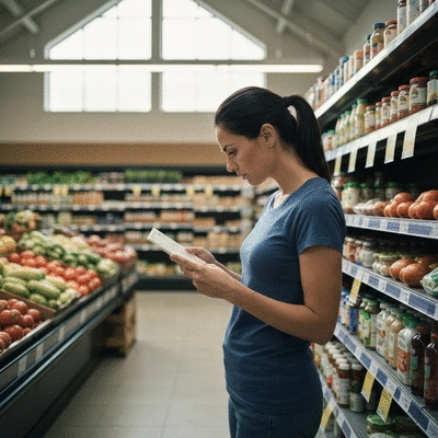 Woman reading food labels in a grocery store, focus on healthy choices