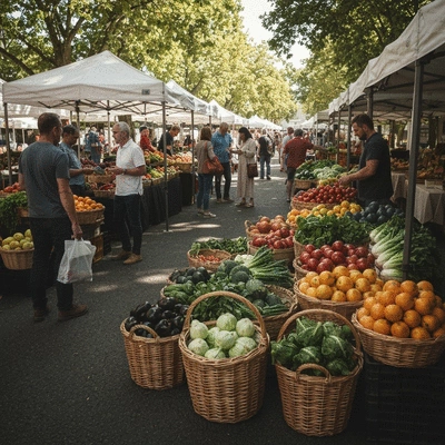 Overhead shot of various fresh, colorful fruits and vegetables