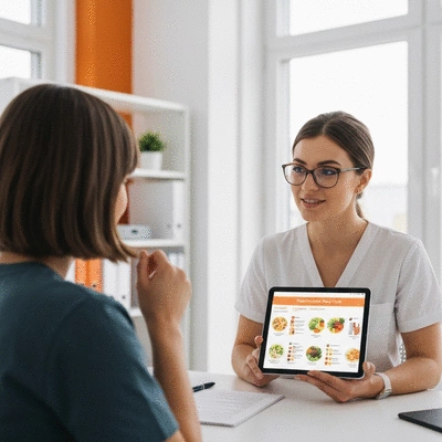 Professional nutritionist consulting with a client, showing healthy food options on a tablet