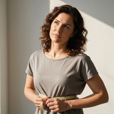 Woman holding a measuring tape around her waist with a thoughtful expression, representing weight stabilization and health awareness