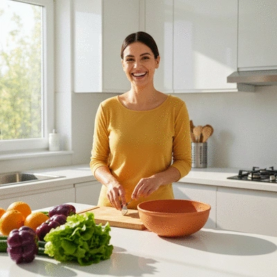 A person happily preparing a healthy meal in a modern kitchen