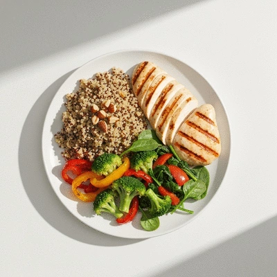 Healthy food plate with balanced macronutrients, vibrant colors, clean kitchen background
