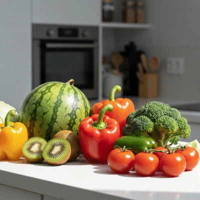 Various healthy food ingredients on a kitchen counter, symbolizing personalized meal planning and healthy eating