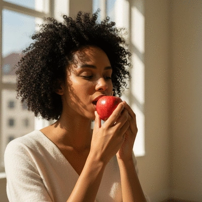 Woman mindfully eating an apple, representing healthy snacking and emotional regulation