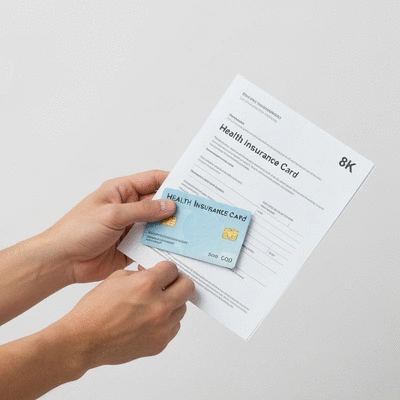Close-up of hands holding a health insurance card and documents, symbolizing reimbursement for dietetic consultations