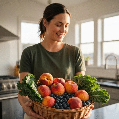 Woman holding a basket of fresh fruits and vegetables, smiling, healthy lifestyle, in a kitchen setting