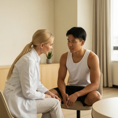 Female dietitian consulting with a male athlete, discussing nutrition plan in a modern office, no text, no words, no typography, clean image