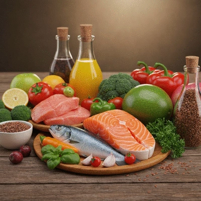 Assortiment coloré de fruits, légumes, poissons gras et graines de lin sur une table en bois, symbolisant une alimentation saine pour le cœur, no text, no words, no typography, clean image
