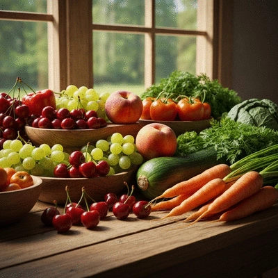 Assortiment de fruits et légumes de saison frais sur une table en bois