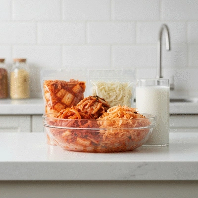 Bowl of fermented foods like kimchi, sauerkraut, and kefir, promoting gut health