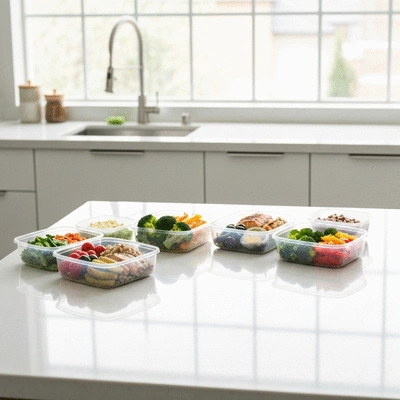 Healthy meal prep containers on a kitchen counter, with fresh ingredients like vegetables, lean protein, and whole grains, clean background, no text, no words, no typography, 8K
